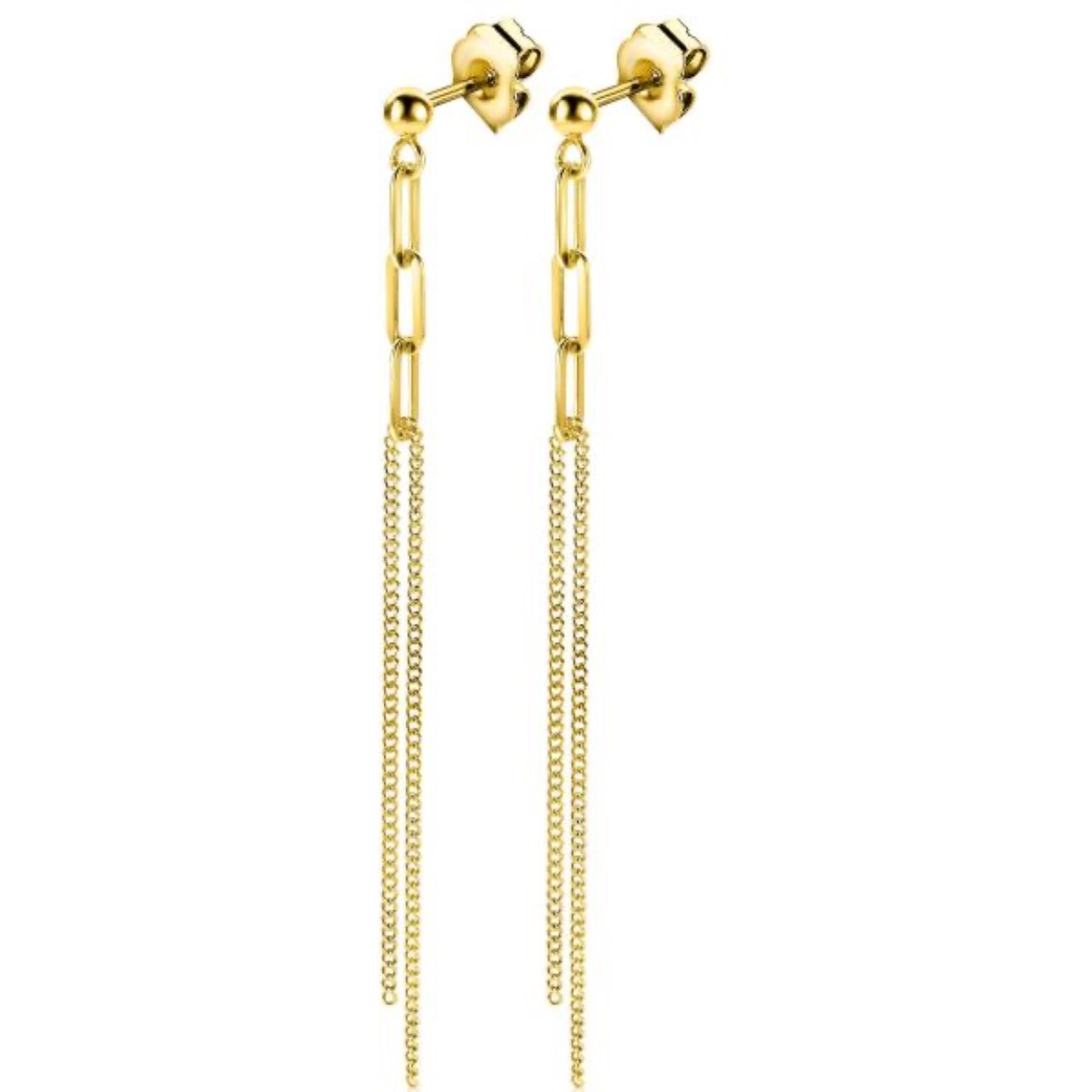 Zilveren oorstekers 14K geelgoudverguld met 3 paperclip hangers en een dubbele ketting van fijne gourmet schakels. Deze lange oorsieraden van 85 mm maken je outfit helemaal af en laten zich uitstekend combineren met het bijpassende collier.