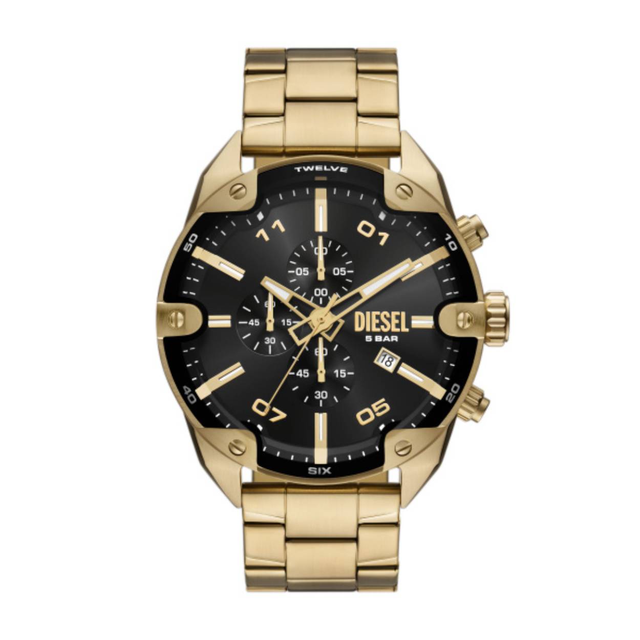 Dit Diesel Spiked roestvrijstalen horloge van 49mm heeft een zwarte sunray-wijzerplaat, een chronograaf uurwerk en een goudkleurige roestvrijstalen armband.
