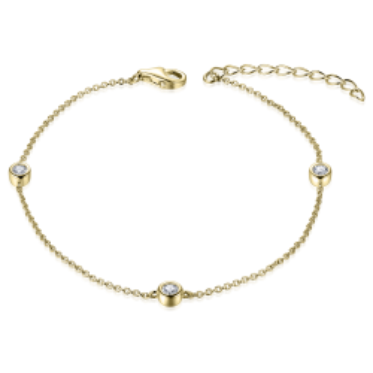 Mooie Zilver vergulde anker schakel armband met 3 zirkonia's in kastzetting. 
Lengte: 17 cm + 3 cm.

Leuk om te combineren met de bijpassend
collier N1036Y, N1037Y en/of
oorstekers E1000Y, E1001Y, E1002Y