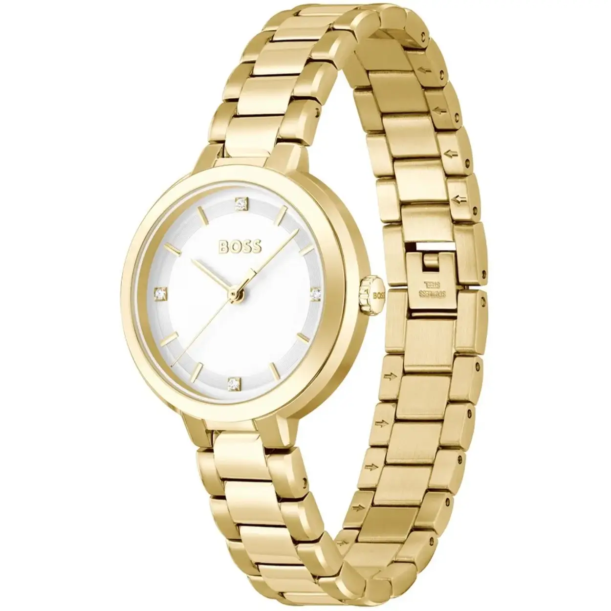 BOSS HB1502758 SENA Dameshorloge 34mm 
Dit BOSS horloge uit de SENA serie met artikelnr: HB1502758 heeft een chique look. Zeer geschikt voor de moderne stijlvolle vrouw van nu. Het dameshorloge valt op door zijn goudkleurige stalen ronde horlogekast met een platte goudkleurige bezel en een zilverwitte sunray wijzerplaat met op de 3,6,9 en 12 een kristal als uursaanduiding. Aan de kast zit een stalen goudkleurige schakelband met vouwsluiting. De kast van het horloge heeft een doorsnee van 34mm met mineraalglas en is 3ATM. 

HET MERK:
HUGO BOSS is afgestemd op levensstijlen waar het gaat om kwaliteit en precisie. Het wereldwijde fashionlabel is verdeeld in twee merken: BOSS en HUGO. Het merk BOSS biedt geavanceerde, moderne horloges gericht op kwaliteit en design om een onberispelijke look te cre&euml;ren &ndash; of het nu zakelijk, casual of sportief is. De horloge collectie van BOSS is perfect afgestemd op levensstijlen waar het gaat om kwaliteit en precisie. BOSS is op maat gemaakt in een onberispelijke stijl.

Blijf stijlvol bij de tijd. Voor de BOSS-vrouw is stijl het handelsmerk en draait alles om
details. Breng uw look naar een hoger niveau met onze nieuwe en kenmerkende horlogecollectie.

SPECIFICATIES:
- Mineraalglas
- Ronde kastvorm, &Oslash; 34mm
- Goudkleurige horlogekast
- Zilverwitte wijzerplaat
- Goudkleurige schakelband