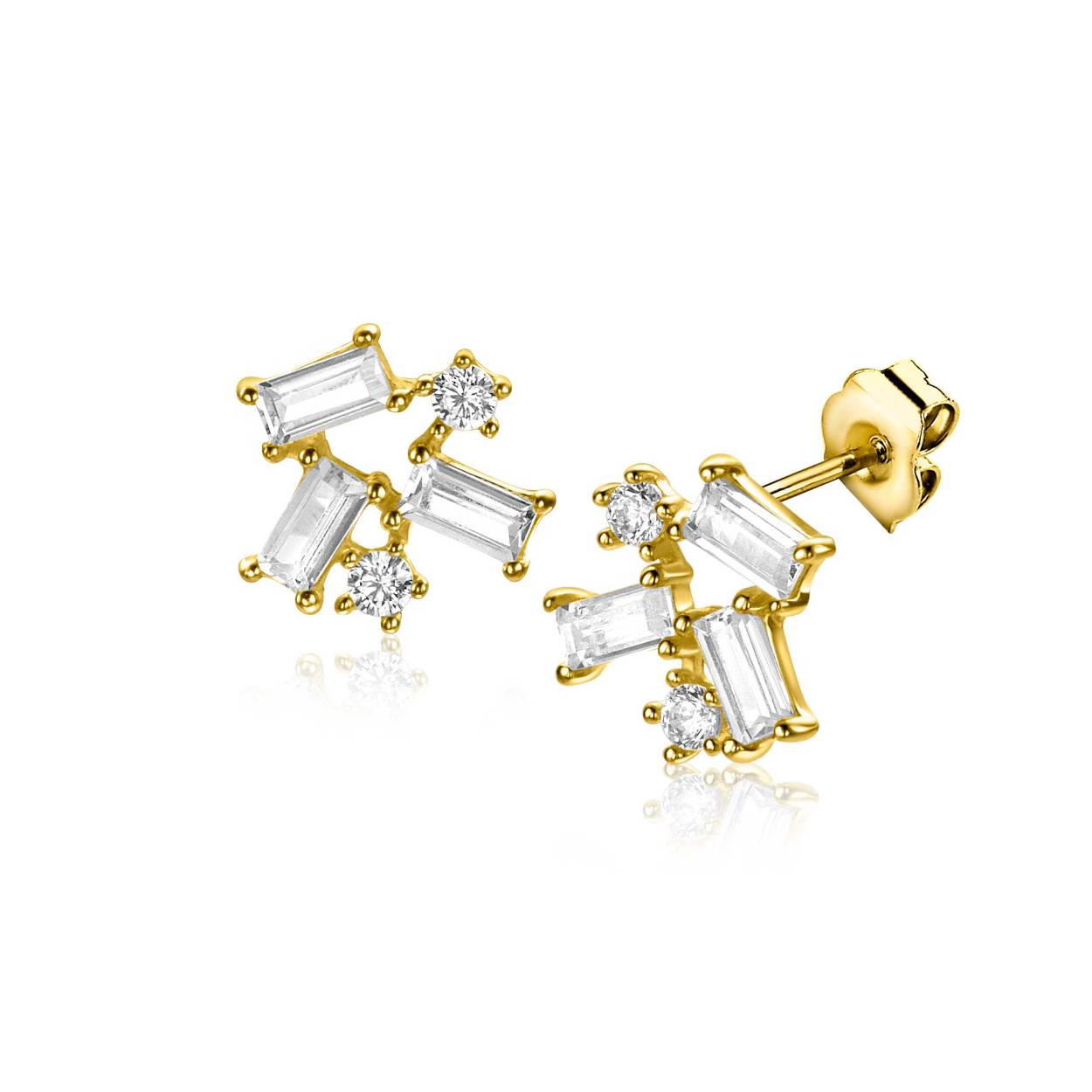 ZINZI Gold 14 karaat gouden fantasie oorknoppen met drie baquette geslepen rechthoekige witte zirkonia's en twee ronde zirkonia's. De zettingen zijn afwisselend met elkaar verbonden waardoor er een verbonden oorknoop onstaat. De oorknoppen zijn 8mm lang. Ook mooi te combineren met de bijpassende hanger. Vervaardig van geheel 14 karaat goud (585).