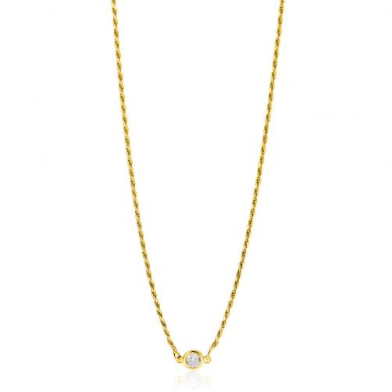 ZINZI gold plated zilveren koord ketting 45cm bezet met een ronde witte zirconia.  De lengte van de ketting is te variëren tussen 40cm en 45cm. Vervaardigd van eerste gehalte zilver (925) en extra geelverguld.