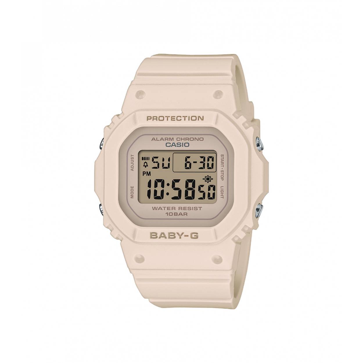 Dit is een Casio horloge uit de collectie BABY-G Urban. 
Dit horloge heeft de volgende specificaties: 

Kast: 
Kastmateriaal: Roestvrijstalen resin-kast
Kasthoogte: 42.1 mm
Kastbreedte: 37.9 mm
Kastdikte: 11.3 mm

Band: 
Sluiting: Gesp
Bandmateriaal: Resinarmband
Bandbreedte: 22.8 mm
Bandlengte: 125-180 mm

Overige specificaties: 
Gewicht: 30 gram
Glassoort: Mineraalglas
Waterdichtheid: Classificatie waterbestendigheid (10 bar)
Multi-alarm, elk uur tijdsignaal
Batterijduur: 3 jaar - 1 batterij
Illuminator
Displayflitser
Automatische kalender
12/24-uurs tijdweergave
Schokbestendig
Stopwatchfunctie - 1/100 sec. - 24 uur
Timer - 1/1 min. - 24 uur (met aut. herhaling)
Batterij: CR1616
ACCURATIE: +/- 15 sec