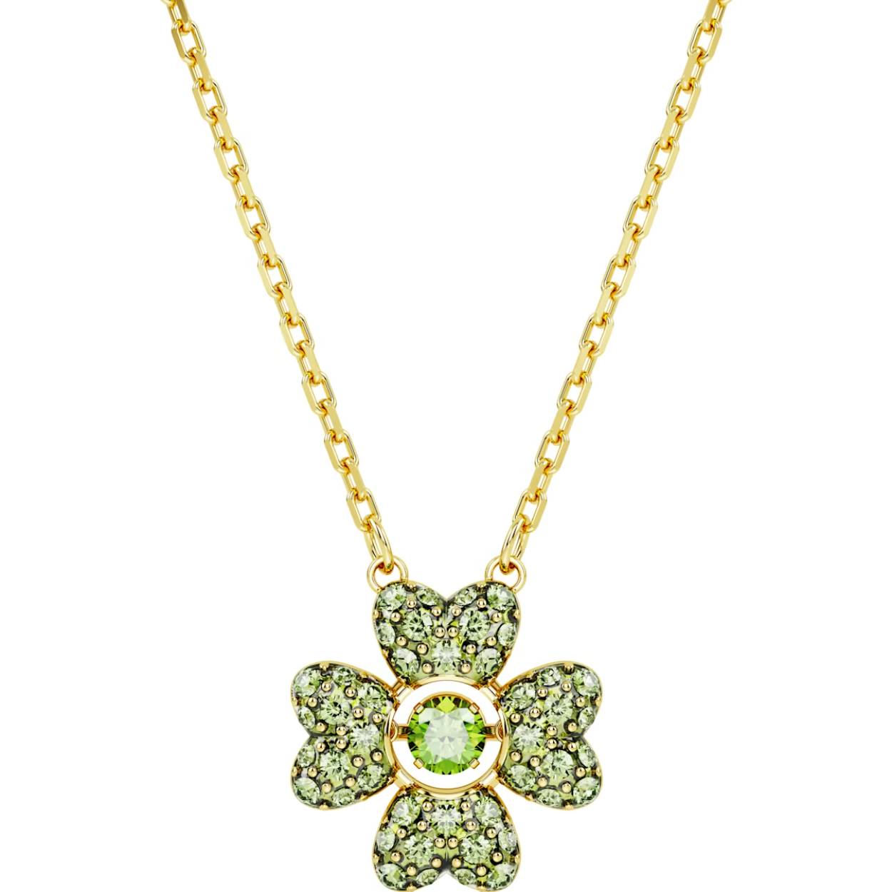 Kies deze hanger met een klavertje vier om uw look een levendig natuur- en luxeaccent te geven. Het prachtige ontwerp aan een ketting met een goudkleurige toplaag bestaat uit vier hartvormige Swarovski Zirkonia die als groene bladeren om een Dancing Stone in het midden zijn gezet. Een stijlvol gelukssymbool voor een dierbare.