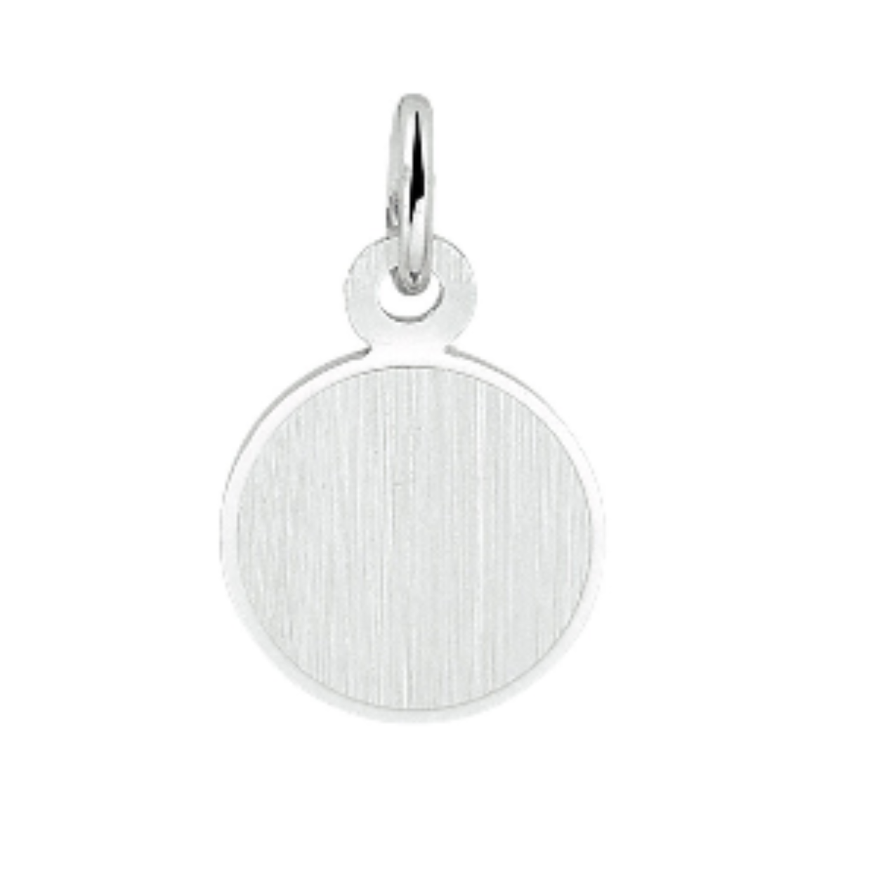Gerhodineerd 925 zilveren ronde graveerhanger met een mat/gediamanteerde afwerking. De hanger heeft een totale hoogte van 1.4cm, een diameter van 9mm en een dikte van 0.6mm