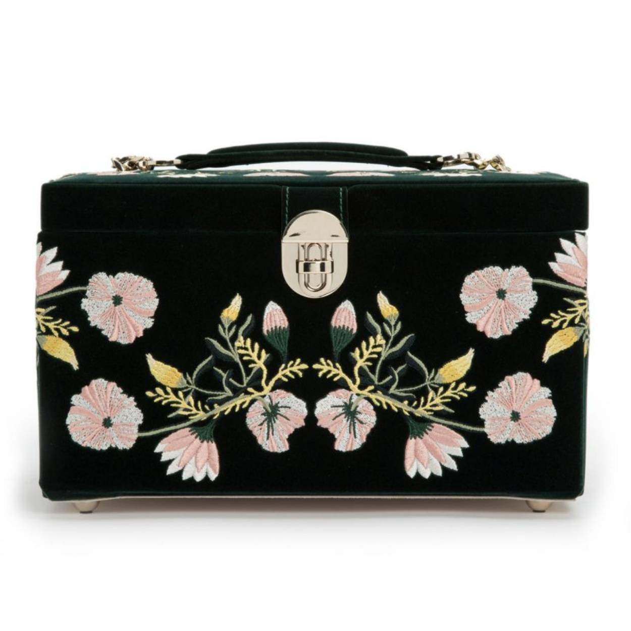 Fresh faced and fun, Zoe is sophisticated but playful. The Medium case’s soft forest green body highly embroidered with classic floral designs is as beautiful as its accessories inside. Includes velvet exterior, LusterLoc™ interior, pale gold hardware, and removable mini travel piece.