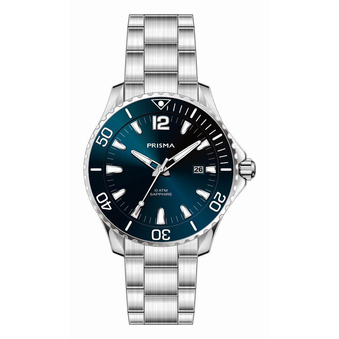 De Prisma P.1492 Diver Luminous Blauw is een horloge waar de look van edelstaal gecombineerd wordt met een kleurrijke wijzerplaat en bezel. Van een subtiele blauwe gloed tot een sterke groene kleur. Het glas is gemaakt van krasvast saffierglas. Dit maakt het horloge ook geschikt voor activiteiten in en rondom het water. Daarnaast is het horloge geschikt tot 10 ATM. De Diver Luminous collectie bestaat uit een zwart, blauw en groen model.