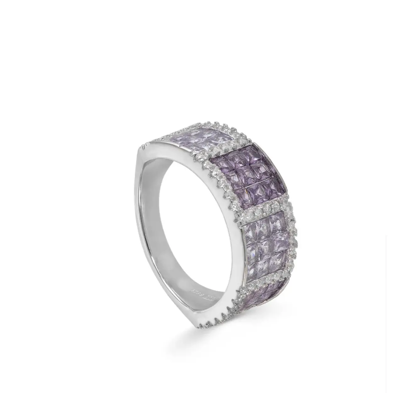 Rings with silver stones with violet gemstones and cubic zirconia for women. Silver ring formed by three lanes of lavender zirconia and emerald cut amethyst, surrounded by white zirconia. Combine it with the matching earrings and pendant and get a total look, you will dazzle!