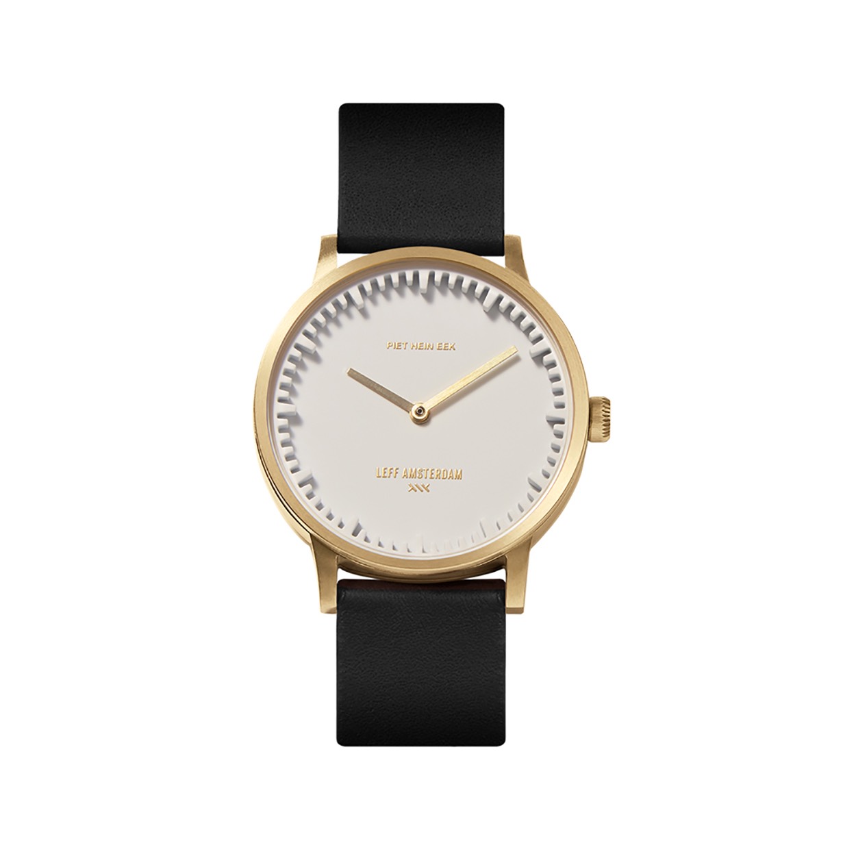 Een stalen horloge met zwart leren band.