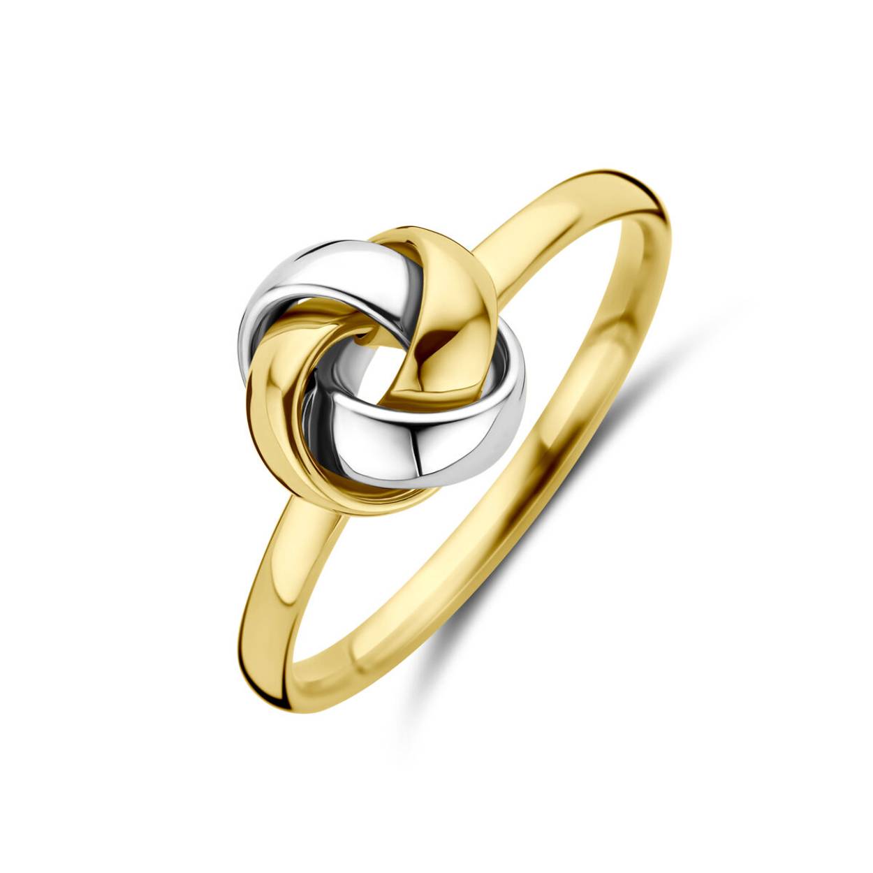 14k Bicolor geel- en witgouden ring uitgevoerd in de vorm van een knoop. De ring heeft een breedte van 9mm.