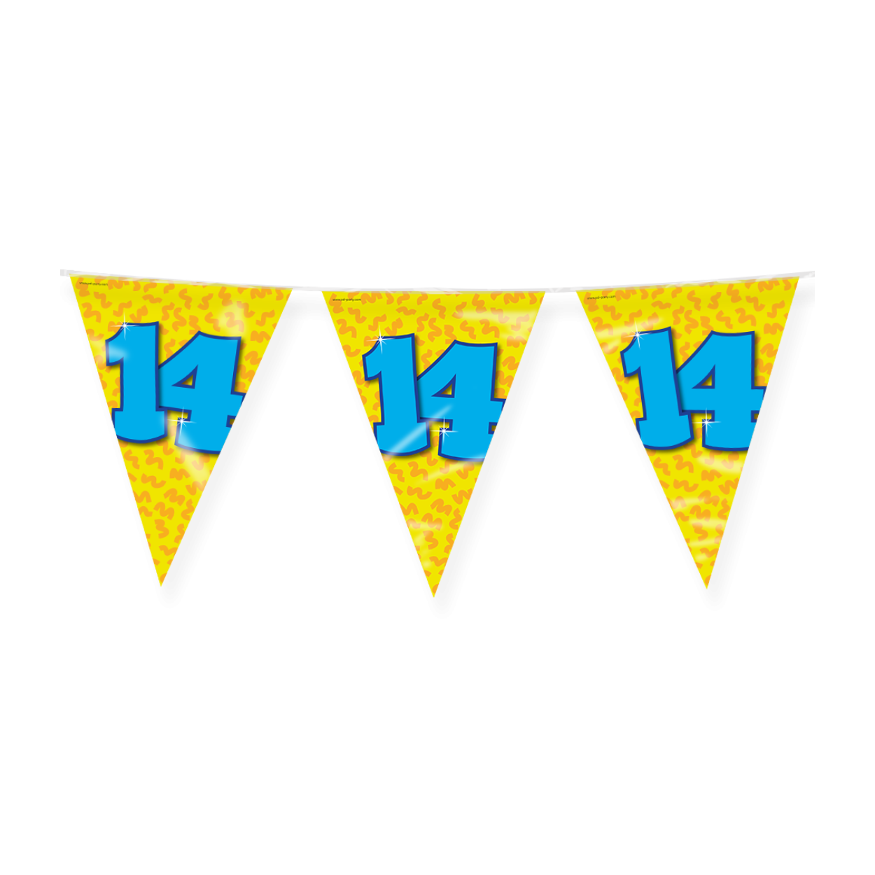 De Happy party flags 14 zijn de ideale versiering op de verjaardag van een 14-jarige. Door de vrolijke kleuren vallen deze party vlaggen dan ook extra goed op! De aan beide kanten bedrukte vlaggetjes zijn gemaakt van folie, hebben een lengte van 10 meter 