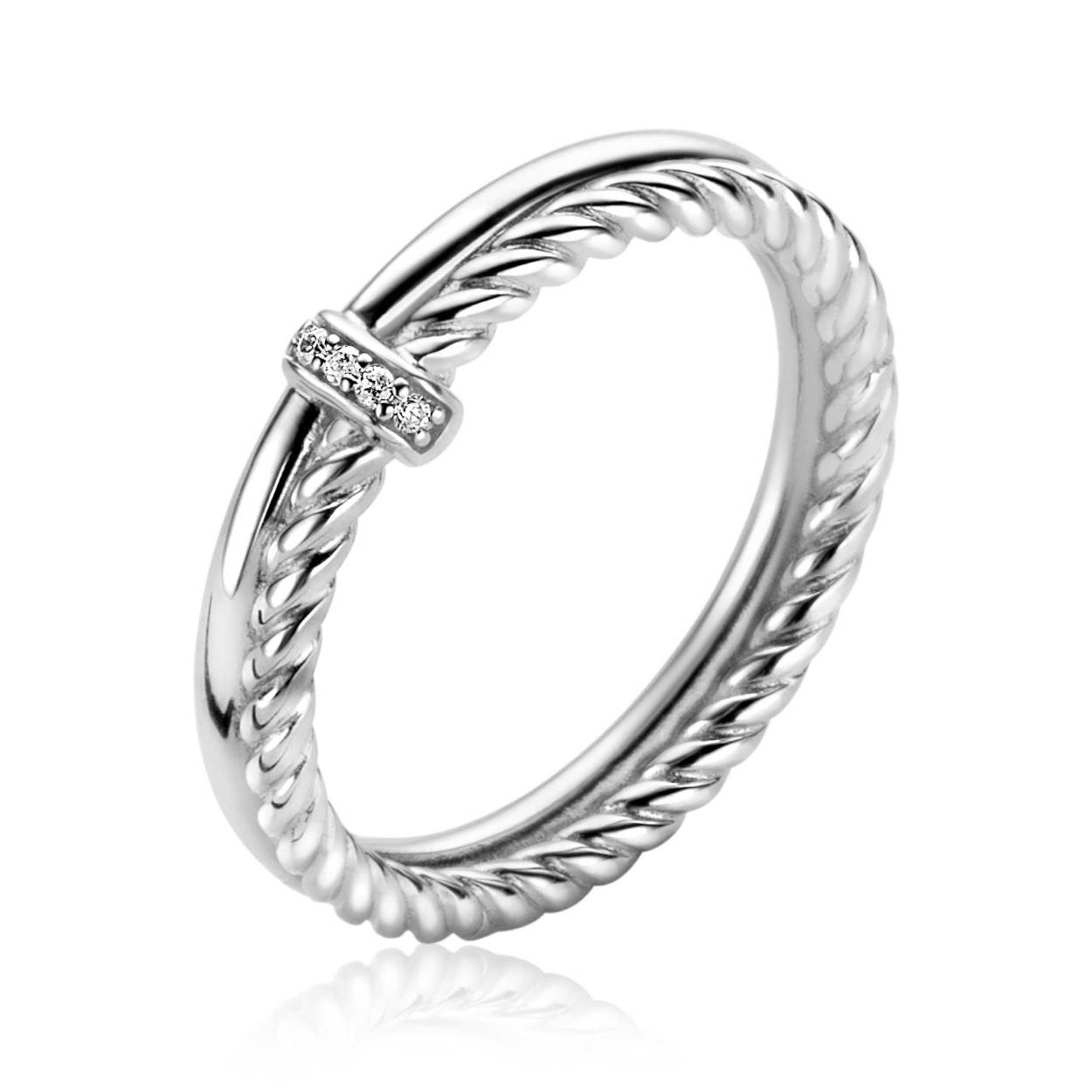 ZINZI zilveren multi-look ring met een gladde en gedraaide buis. In het midden verticaal bezet met witte zirconia's. Vervaardigd van eerste gehalte zilver (925) en met extra rodiumlaag voor een langdurige glans.