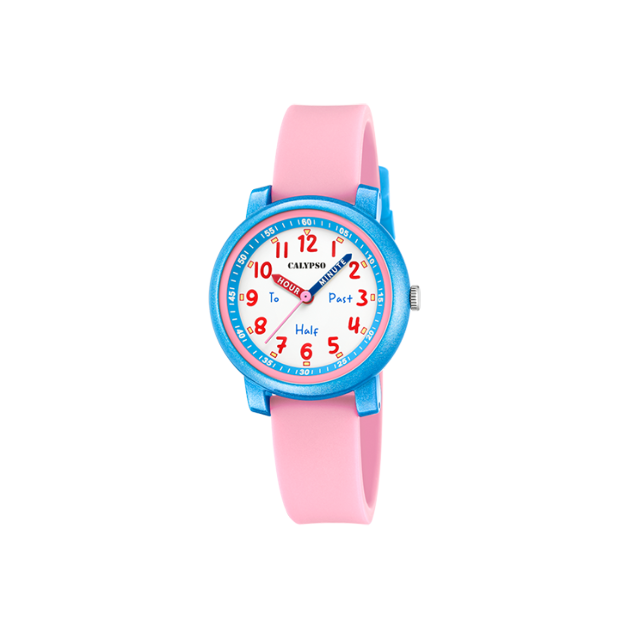 Een stoer kinderhorloge waarmee ze nooit meer te laat komen! Kunststof kast met een rubber band en aangeduid met arabische cijfers. Tot wel 10 ATM waterdicht en met licht functie!