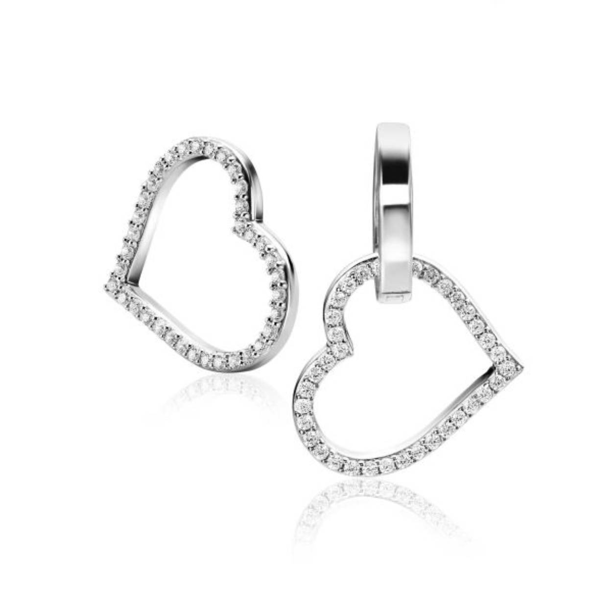 19mm ZINZI zilveren oorbedels open harten, bezet met witte zirconia's ZICH2447Â(zonder oorringen)