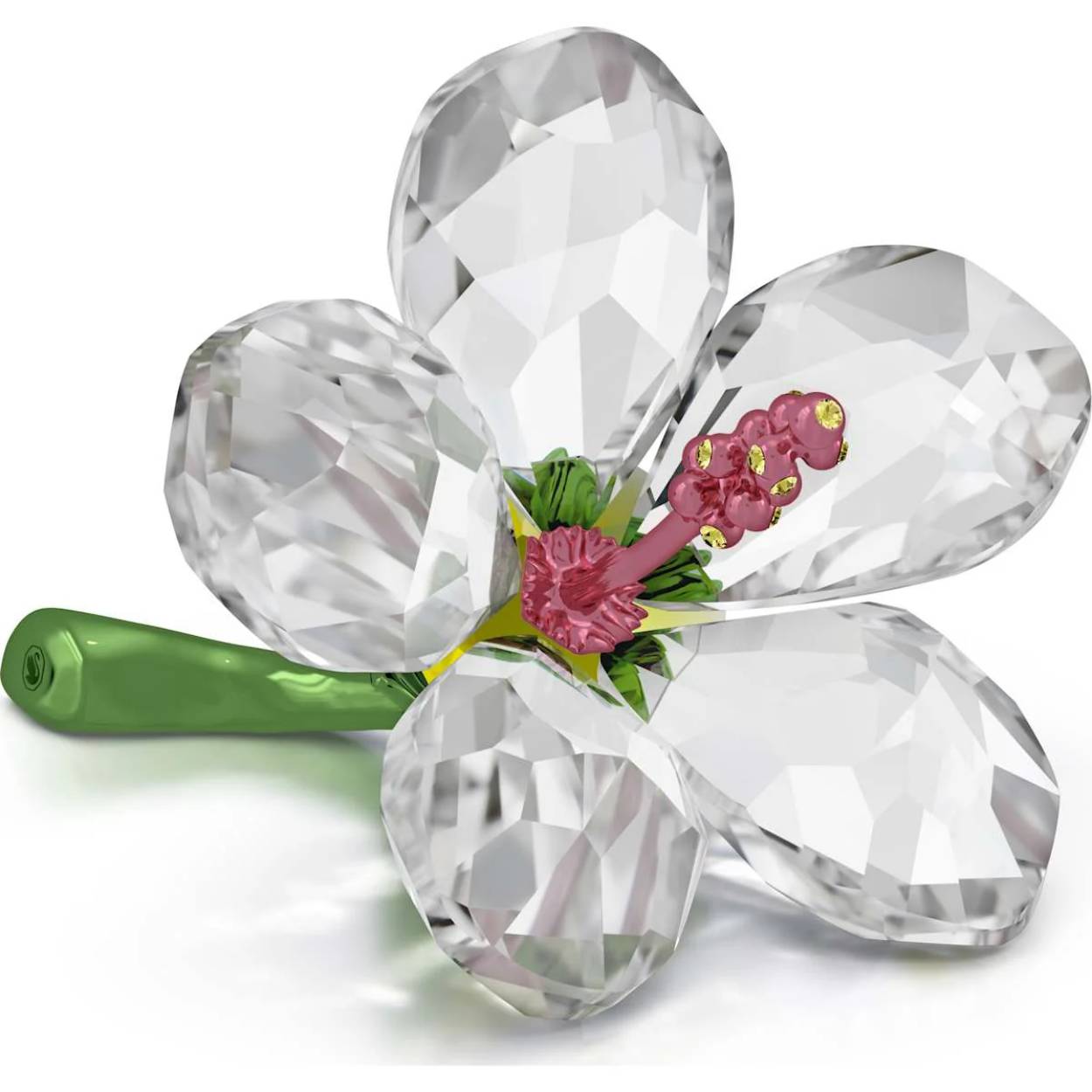 Deze kleine maar stralende Hibiscus legt de delicate schoonheid van de natuur perfect vast. Het ontwerp is vervaardigd met 448 facetten en heeft heldere bloemblaadjes met een groene metalen steel en een roze metalen stamper. Het is een prachtig cadeau voor een dierbare, maar u kunt natuurlijk ook uw eigen interieur een blijvende tropische touch geven. Decoratief voorwerp. Geen speelgoed. Niet geschikt voor kinderen onder de 15 jaar.