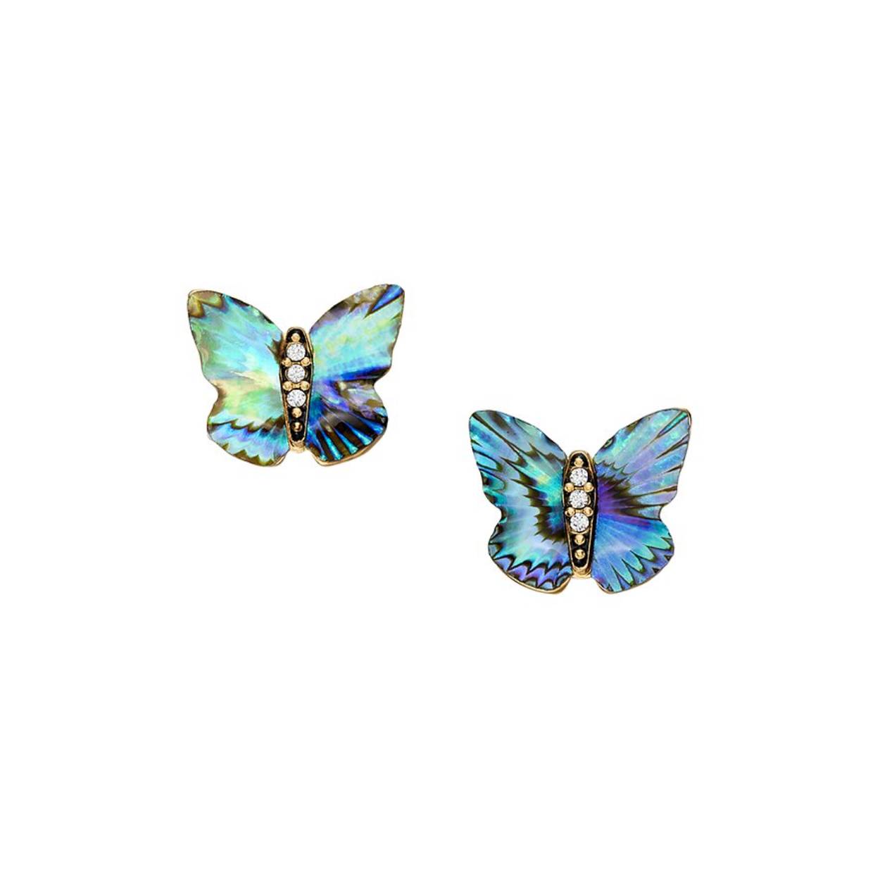 Deze prachtige oorbellen symboliseren zelfvertrouwen en transformatie en zijn voorzien van elegante vlinders gemaakt van echte abalone schelp met een getextureerde afwerking en heldere kristallen.