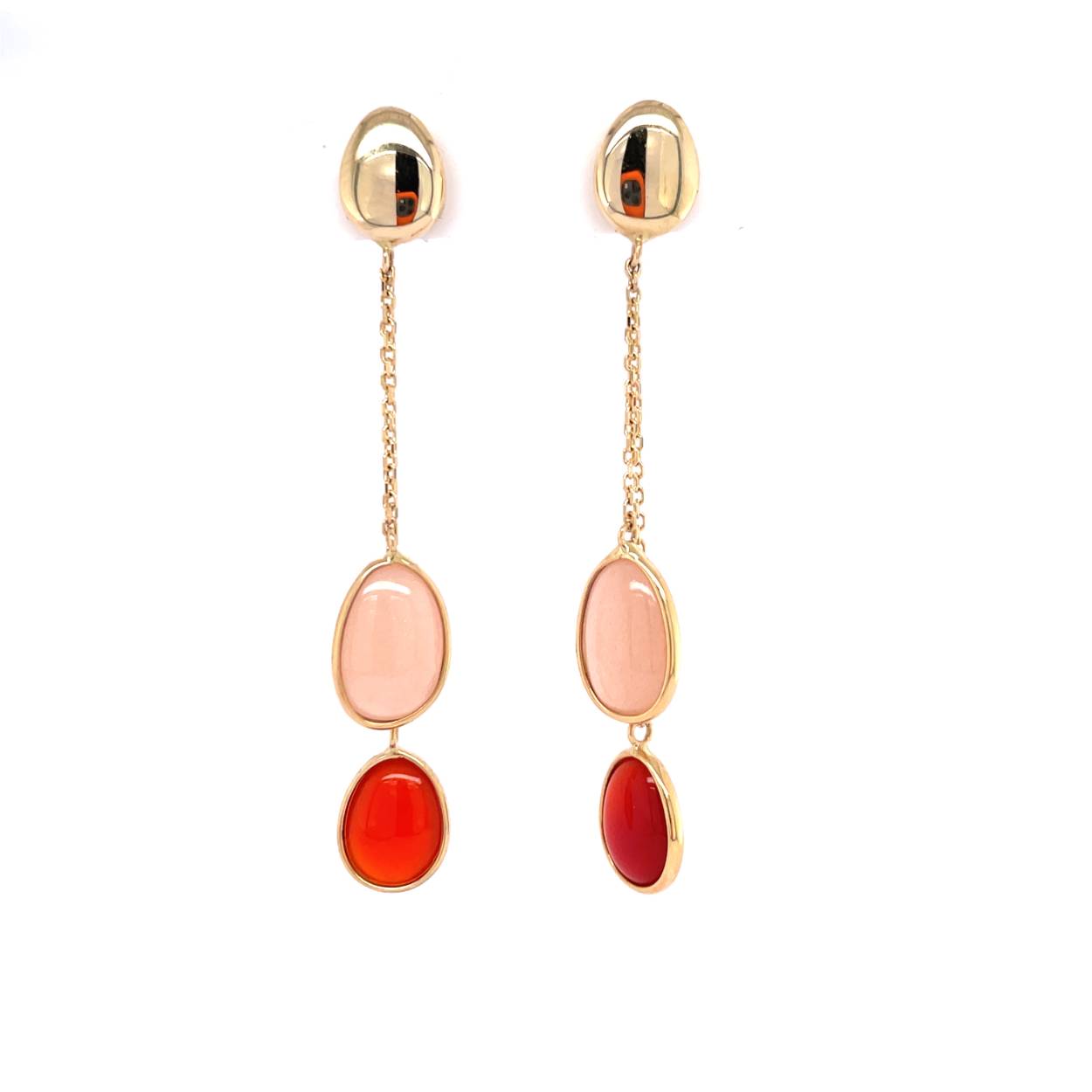 14 karaat geelgouden oorhangers met maansteen en rood agaat.