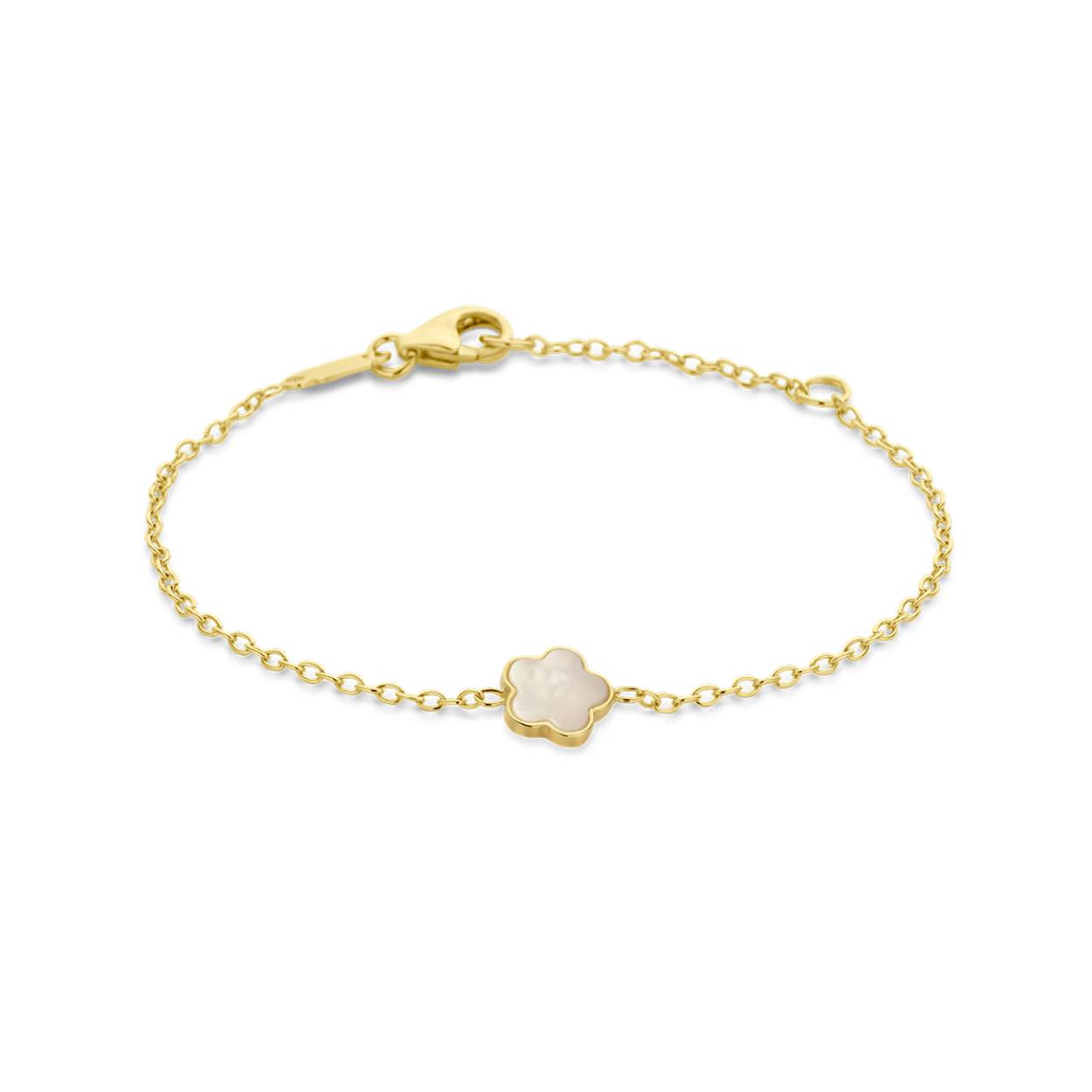14krt geelgouden armband uitgevoerd met een bloem en parelmoer. De armband heeft een schakelbreedte van 1.2mm en is uitgevoerd met karabijnsluiting.