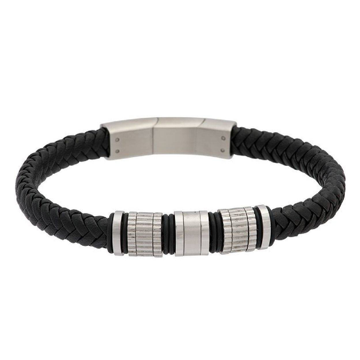 De iXXXi MEN armband Roger is gemaakt van zwart leder en heeft verschillende mat zilverkleurige stainless steel details. De bracelet bestaat uit een plat, gevlochten design en er zitten aan de bovenkant van de armband verschillende soorten en vormen details bevestigd in de kleur mat zilver. Bracelet Roger heeft een smalle, langwerpige, mat zilveren sluiting. De armband is maat 21.5