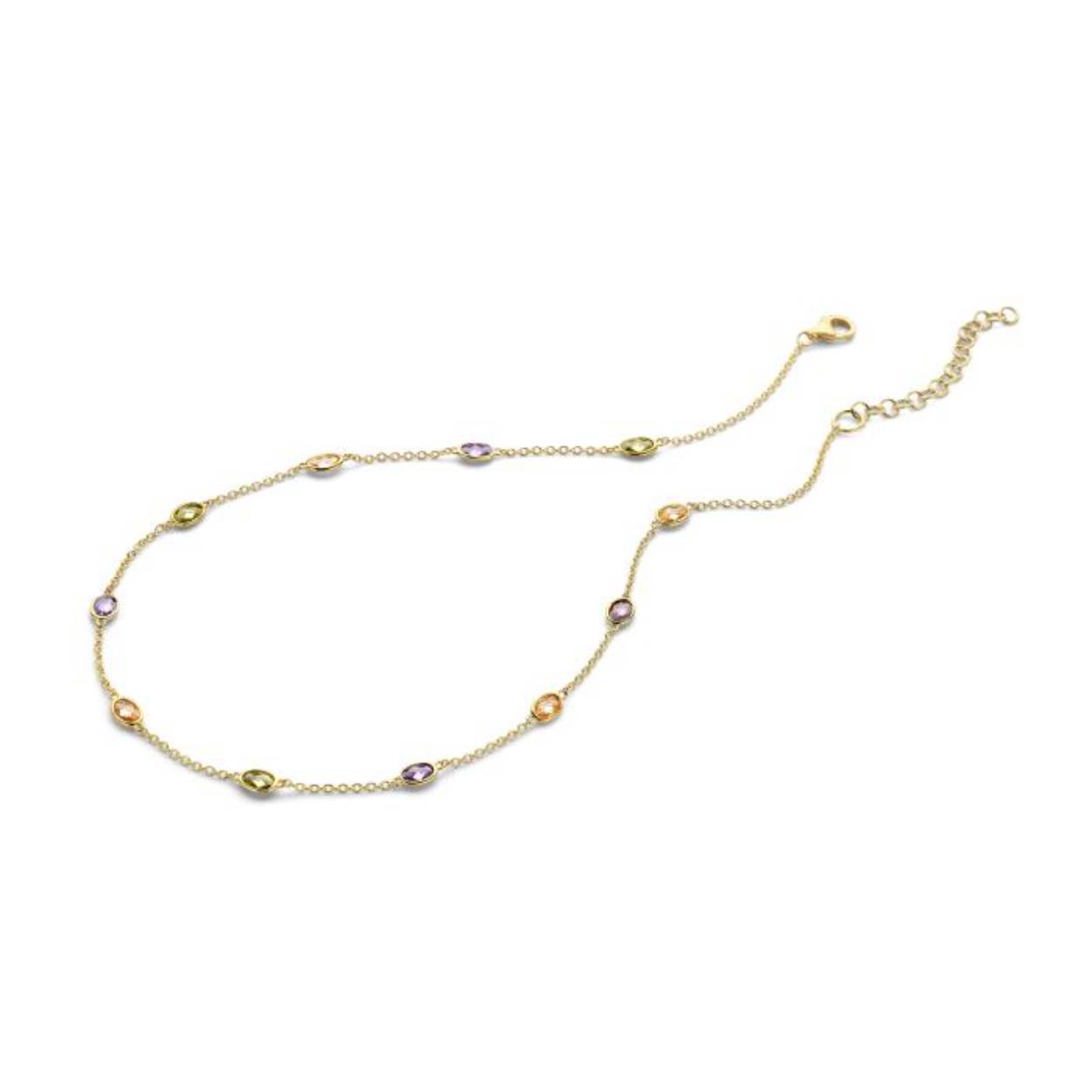 De ketting is vervaardigd uit zilver met een laag plaque goud. De ketting heeft gekleurde zirkoniums in roos en paars. De lengte van de kettin is 40 cm te verlengen tot 45 cm.