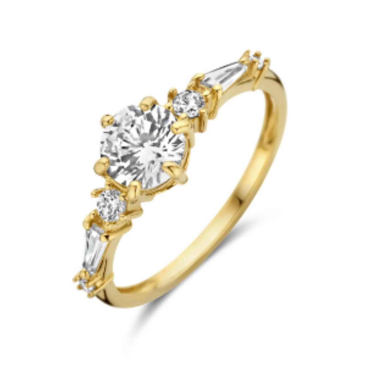 14k Geelgouden ring uitgevoerd met zirkonia. De ring heeft een breedte van 7.5mm.