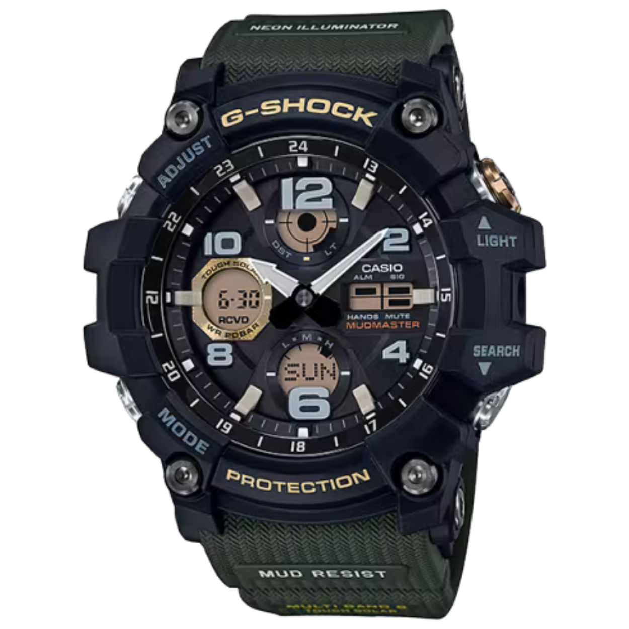 Casio GWG-100-1A3ER horloge G-Shock met solar en zendergestuurd  Dit horloge is speciaal ontwikkeld voor mensen die veel moeten omgaan met verontreinigende stoffen.
Dit horloge heeft de volgende mogelijkheden: Een lautomatisch led-lampje die bij donkere situaties automatisch oplicht. Het horloge is tril- schokbestendig. De behuizing is compleet afgesloten. Vuil en stof kunnen niet binnendringen bij het uurwerk. Het horloge wordt opgeladen door een oplaadbare batterij die door 'licht' wordt opgeladen. Een nieuwe batterij is daarom nooit nodig.
Het horloge is zendergestuurd/radiocontrolled en ook de zomer- en wintertijd wordt automatisch ingesteld. Dankzij de fluorescerende laag lichten de wijzers in het donker op als het horloge kort daarvoor aan het licht is blootgesteld. Het horloge kan 29 verschillende tijdzones (wereldtijden) weergeven.
De stopwach/chronograaf kan meten in stappen van 1/100 seconden tot maximaal 1 uur.