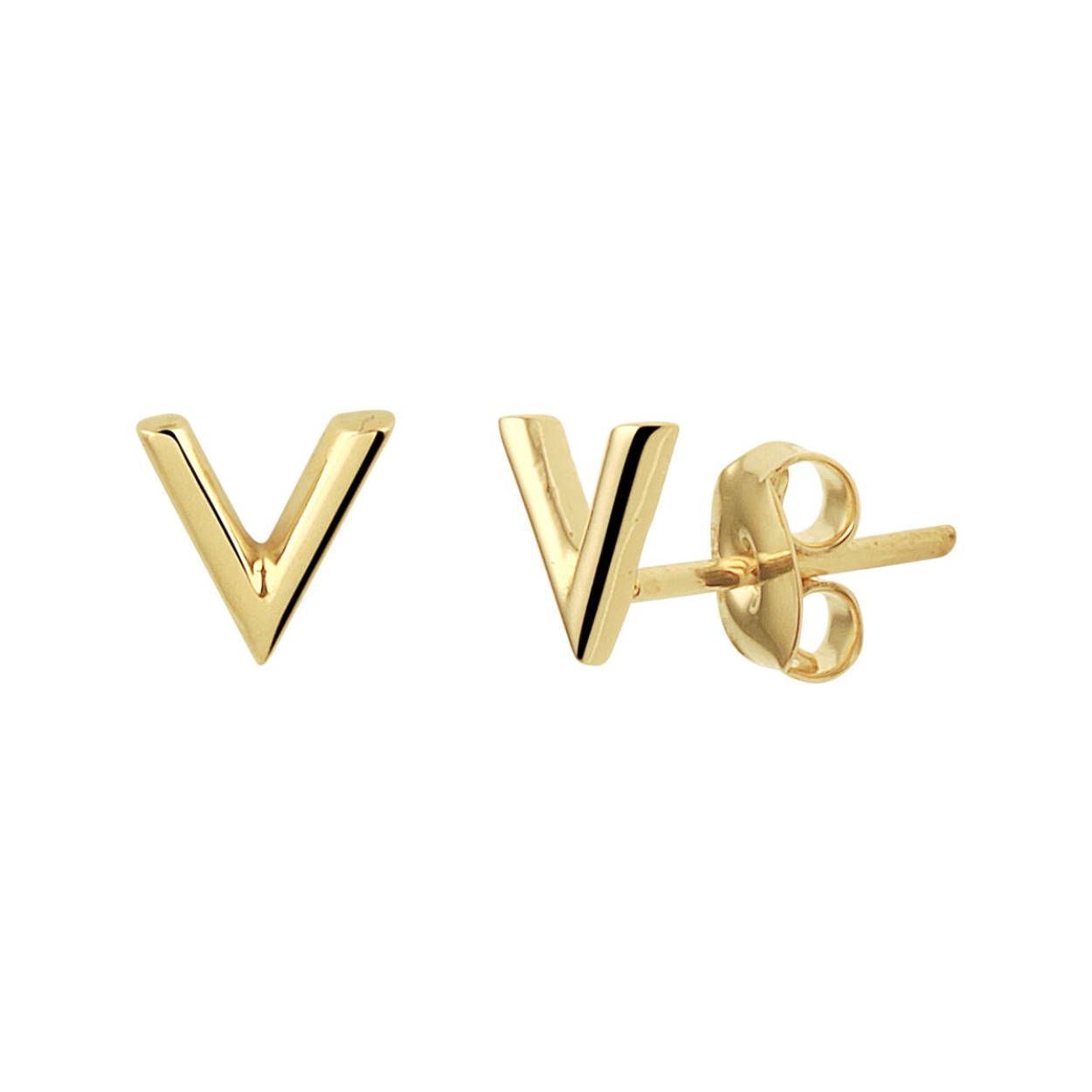 14k Geelgouden oorknoppen uitgevoerd in een V-vorm. De oorknoppen hebben een afmeting van 5.5x6mm.