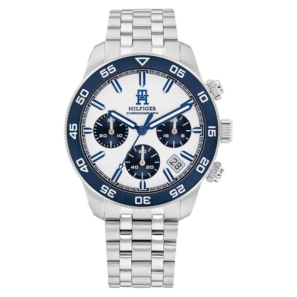 Tommy Hilfiger TH1792157 Horloge Heren Staal Zilverkleurig Chronograaf 41mm
Dit specifieke horloge van Tommy Hilfiger uit de TH85 serie met artikelnr: TH1792157 is een sportief herenhorloge die niet in je collectie mag ontbreken. Het stalen herenhorloge heeft een ronde zilverkleurige kast met een donkerblauwe bezel met daarop een GMT-tijdwijzer.  Het horloge heeft een zilverkleurige wijzerplaat met zilverkleurige/donkerblauwe wijzers als uursaanduiding en een datum. De zilverkleurige schakelband is op lengte verstelbaar en heeft een vouwsluiting. Het horloge heeft een mineraalglas, een doorsnee van 41mm en is 5ATM.

Het merk:
Sinds de lancering van het merk in 1985 is Tommy Hilfiger wereldwijd bekend geworden als pionier van de klassieke Amerikaanse coole stijl. Geïnspireerd door de iconische popcultuur en het Amerikaanse erfgoed. De dames en herencollectie van dit seizoen bestaan uit minimalistische silhouetten en rustieke lederen details. De herenhorlogecollectie biedt iconische uurwerken met roestvrijstalen, lederen en siliconen banden.

Specificaties:
- Mineraalglas
- Ronde kast 41mm
- Zilverkleurige horlogekast met gekleurde bezel
- Zilverkleurige wijzerplaat
- Zilverkleurige schakelband 
- 5ATM