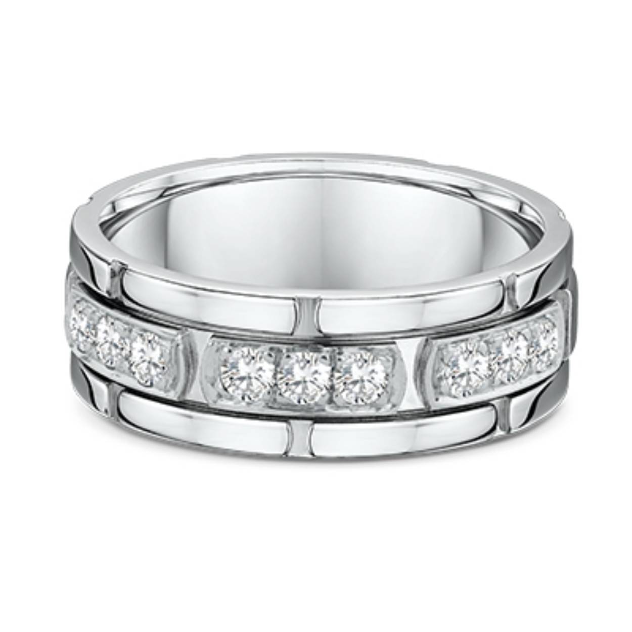 Trouwringen witgoud met in de damesring negen diamanten. Beide ringen zijn 7 mm breed