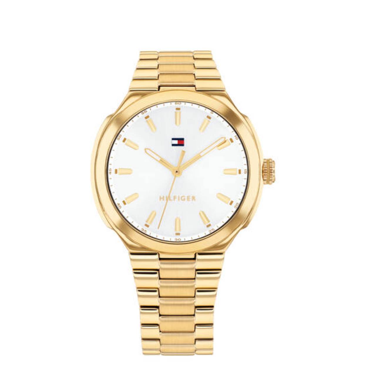 Dit Tommy Hilfiger horloge behoort tot de Georgia collectie.
Referentienummer: TH1782819

Dit volledig goudkleurige horloge heeft een 36mm stalen kast en stalen band. De witte wijzerplaat is voorzien van goudkleurige wijzers en indexen. De wijzers zijn afgewerkt met witte superluminova voor een betere leesbaarheid in het donker. Het horloge is getest op een waterdichtheid van 3 ATM / 30 M en wordt afgeschermd door een mineraalglas.