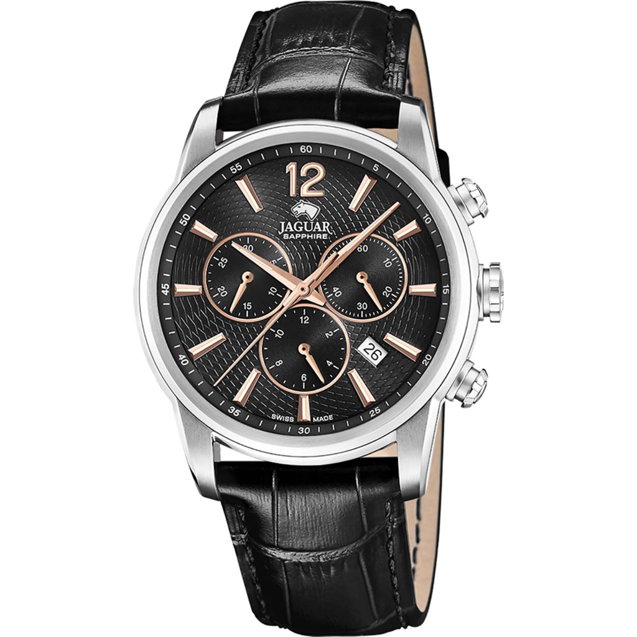 Dit Jaguar horloge heeft een Staal zilver kast met een diameter van 42 mm en is voorzien van een leer band. In de kast bevindt zich een Ronda kwaliteitsuurwerk en is afgewerkt met Saffierglas.