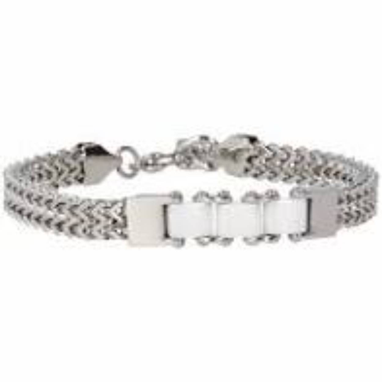 Stoere 6 mm brede zilveren schakelarmband met drie witte ronde keramieken bedels. De armband is 160 mm lang en verstelbaar tot een maximale lengte van 190 mm. Blijft jaren mooi, irriteert niet en geeft niet af.