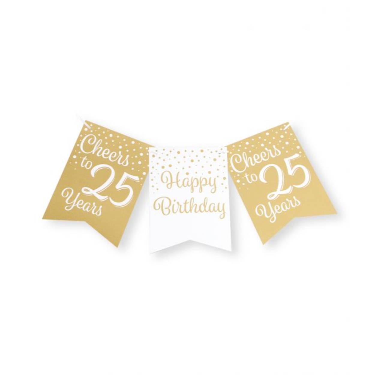 De gold/white party flag banners maken goede sier op een feestje zoals bijvoorbeeld een jubileum, maar ook op een verjaardagsfeest zoals deze gold/white party flag banner met opdruk 25. Door de gebruikte kleuren hebben deze flag banners een luxe maar toch feestelijke uitstraling! De vlaggetjes zijn gemaakt van folie met een bedrukking aan beide kanten