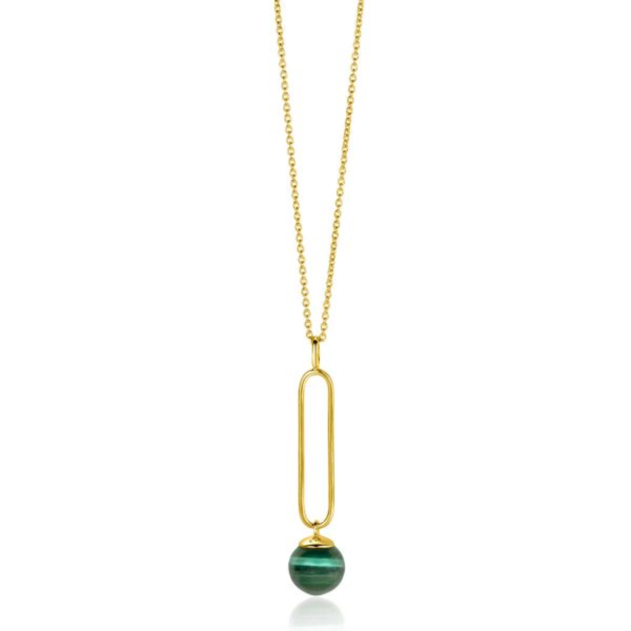 ZINZI gold plated zilveren ketting met lange ovale hanger en bungelende groene cateye in bolvorm 40-45cm ZIC2420