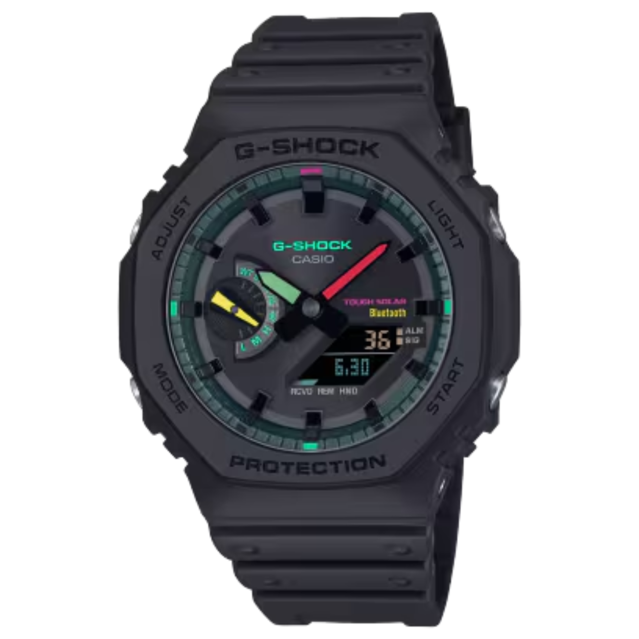 Deze robuuste G-SHOCK-horloges met fluorescerende accenten zijn verkrijgbaar zowel in opvallend zwart als in levendige kleuren.

De matzwarte rand en band contrasteren stijlvol met de levendig blauwe, roze en gele accenten op de wijzers, de uurmarkeringen en de wijzerplaten, waardoor ze je meenemen naar een virtuele wereld. Deze speelse en gedurfde ontwerpen maken een verpletterende indruk bij iedere modestijl.