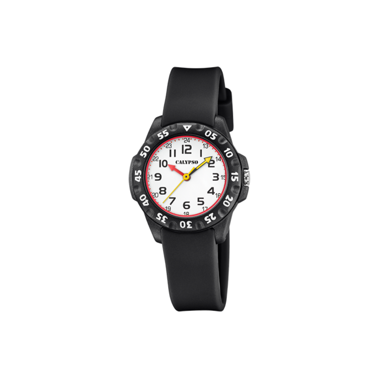 Een stoer kinderhorloge waarmee ze nooit meer te laat komen! Kunststof kast met een rubber band en aangeduid met arabische cijfers. Tot wel 10 ATM waterdicht.