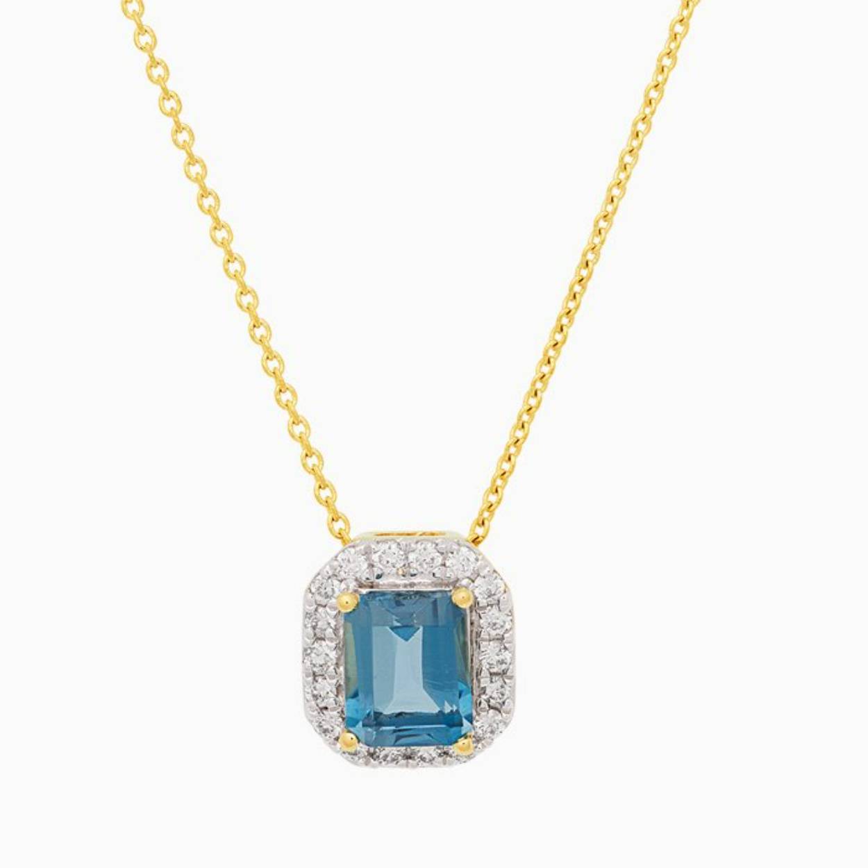 14 karaat gouden collier en hanger met 0,09 crt briljant geslepen diamant en London Blauw Topaas.