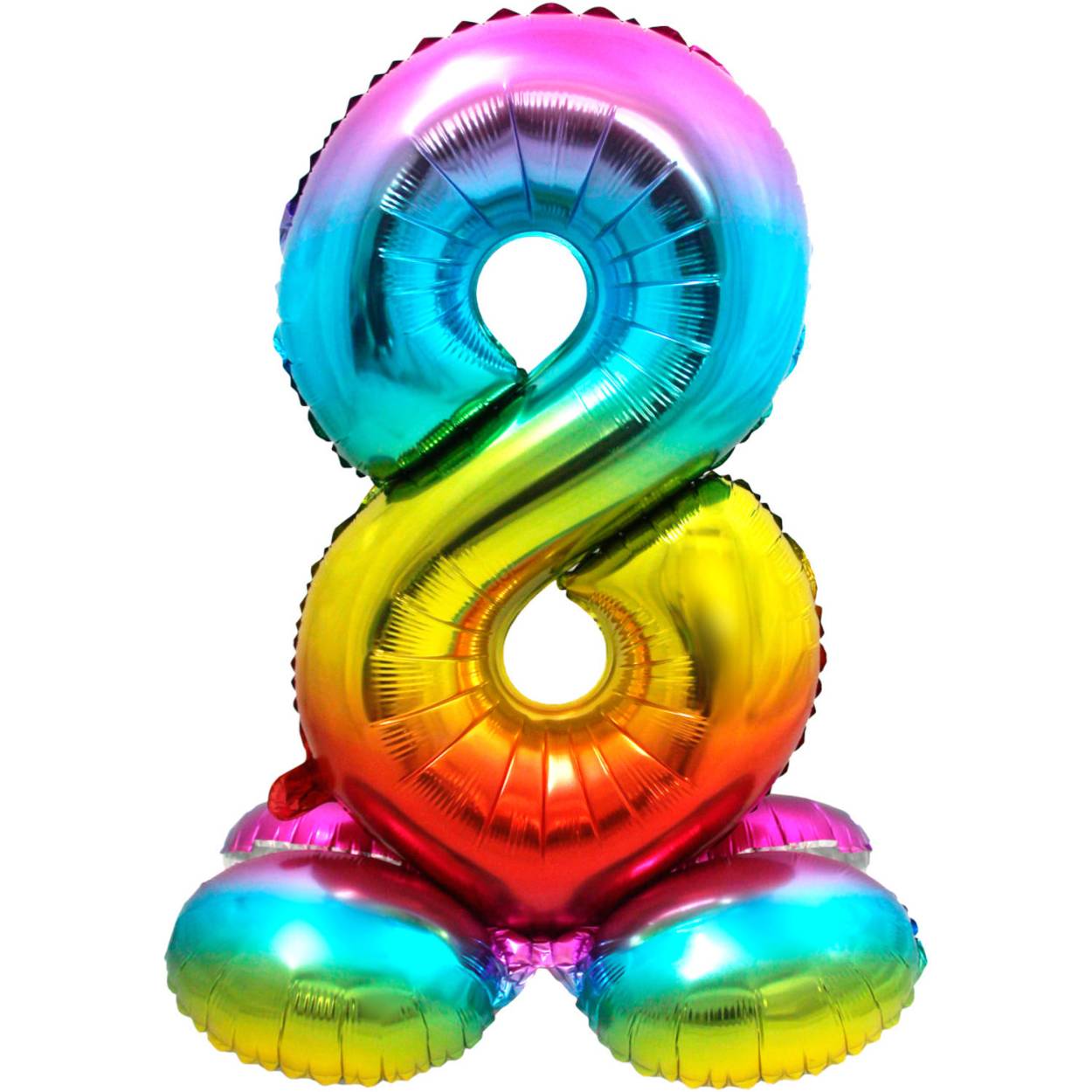 Staande Folieballon Cijfer 8 Regenboog - 72 cm. Inhoud: 1 folieballon. Kleur: Meerkleurig. Bijvoorbeeld te gebruiken tijdens de volgende feestgelegenheid/feestgelegenheden: Verjaardag, Kinderfeestje en Jubileum. Deze folieballon is 32 inch/81 cm en kan gevuld worden met lucht (geen helium nodig). Het artikel is gemaakt van folie.