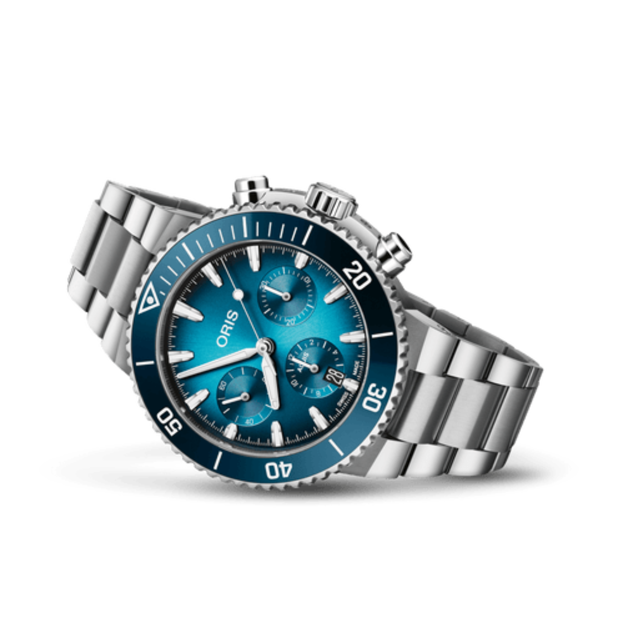Oris Aquis Chronograph blue dial met stalen band