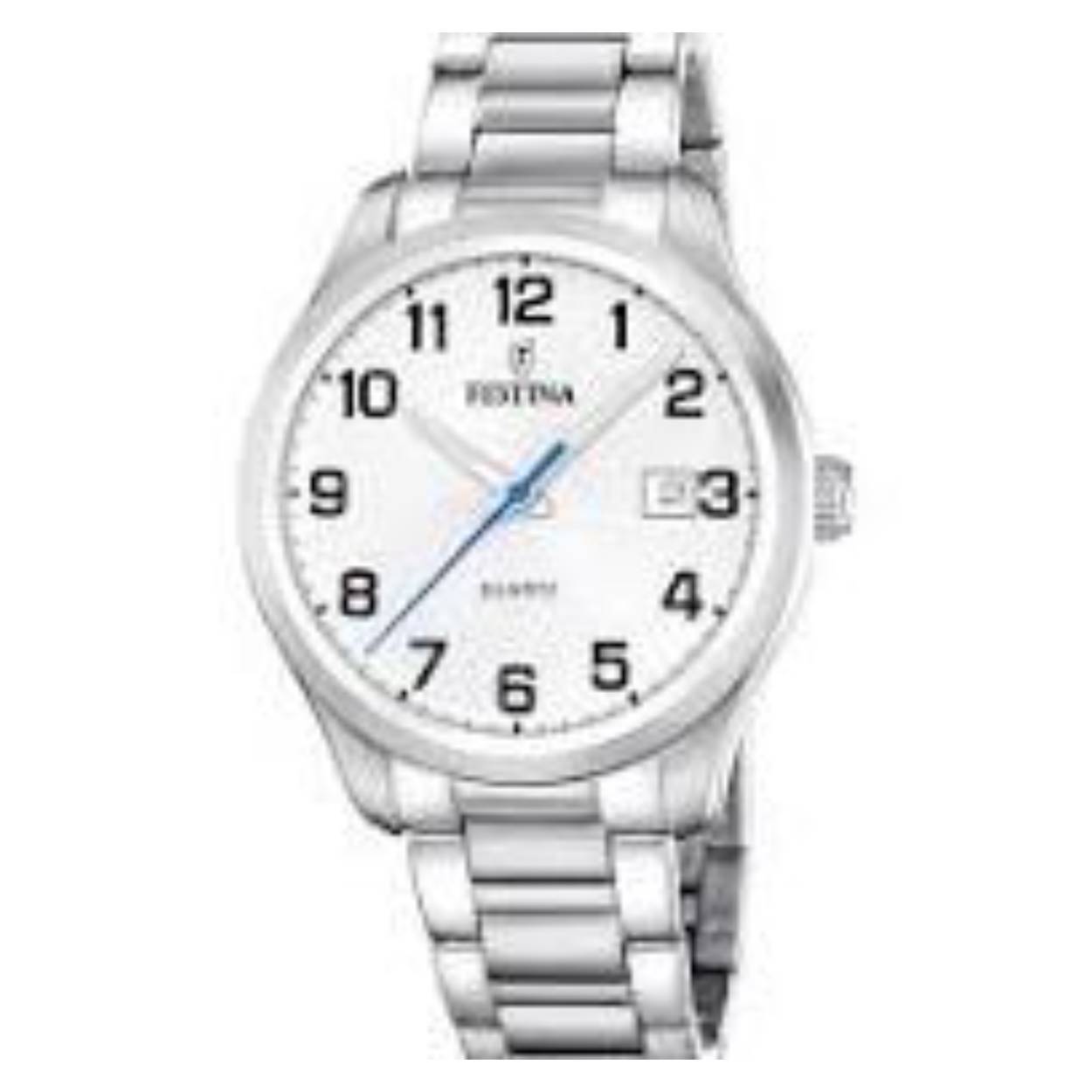 Herenuurwerk Festina in staal met metaalband. De wijzerplaat is wit met zwarte arabische cijfers en datum.