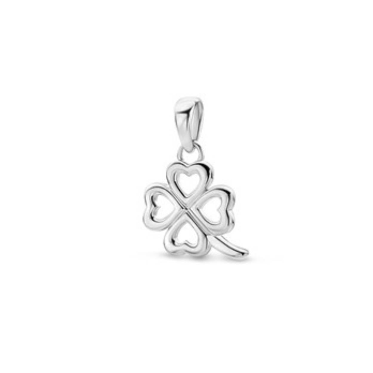 Gerhodineerd 925 zilveren hanger uitgevoerd in de vorm van een klavertje. De hanger heeft een totale hoogte van 1.7cm en een breedte van 12mm.