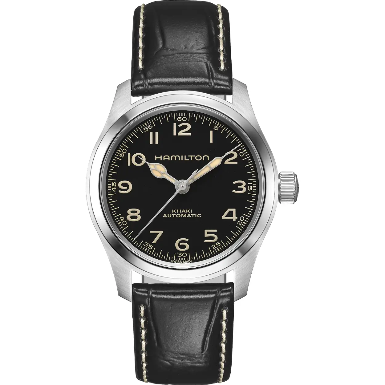 De Khaki Field Murph Auto 38 mm is er eindelijk! Dit horloge met 38 mm roestvrijstalen kast is de compactere reproductie van het populaire horloge, onder de fans beter bekend als de ‘Murph’, dat een geweldige prestatie neerzette in de sciencefiction filmwereld. Deze versie met uitstekend afleesbare zwarte wijzerplaat, beige Super-LumiNova®-wijzers in vintage-stijl en zwartleren band blijft trouw aan de toonaangevende stijlkenmerken van zijn voorganger, de 42 mm Kaki Field Murph. De Khaki Field Murph Auto wordt aangedreven door het H-10 automatische uurwerk met een gangreserve van 80 uur, en zal meteen het hart veroveren van diegenen die van kleinere horloges houden.