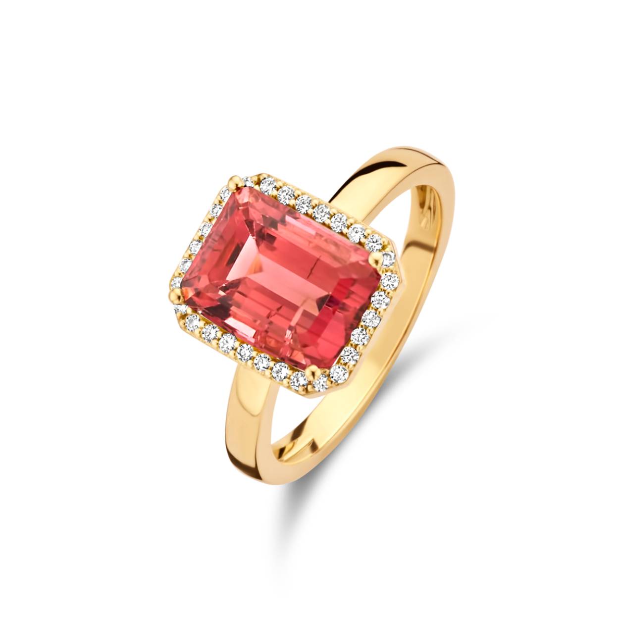 Etna ring in 18 Kt geel goud met roze toermalijn en diamanten
30 Diamant(en) briljant slijpsel 0.12 ct
1 Roze Tourmalijn 1.4 gr