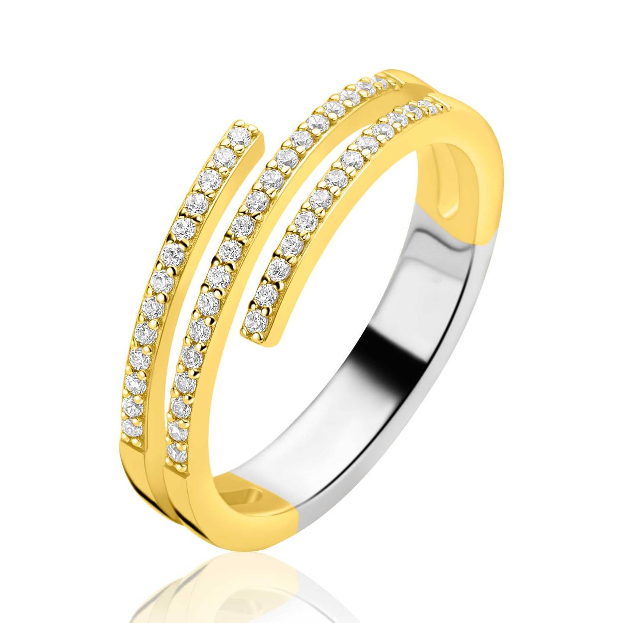 ZINZI goldplated zilveren multi-look ring (6mm breed) met 3 banen bezet met witte zirkonia&rsquo;s ZIR2727Y58