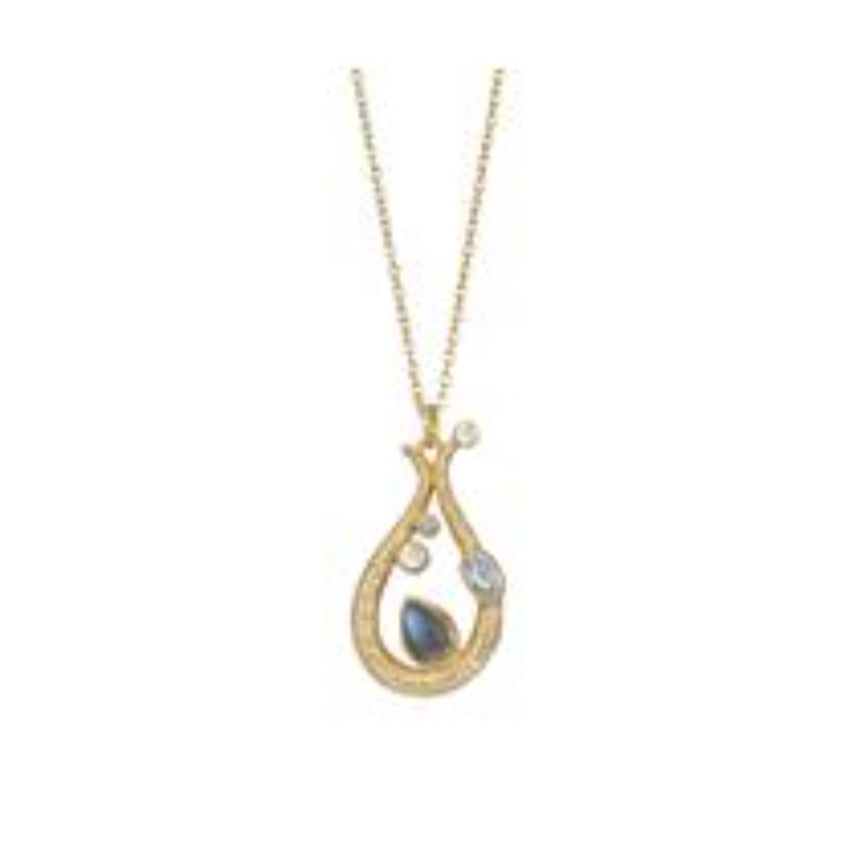 Deze zilveren met goud vergulde ketting kan zowel op 42 als 45 cm gedragen worden. De prachtige hanger is versierd met een 7 x 5 mm labradoriet, een 5 x 3 mm gefacetteerde blauwe topaas en een ronde blauwe topaas van 2,5 mm en 1,5 mm en een ronde witte topaas van 2 mm.