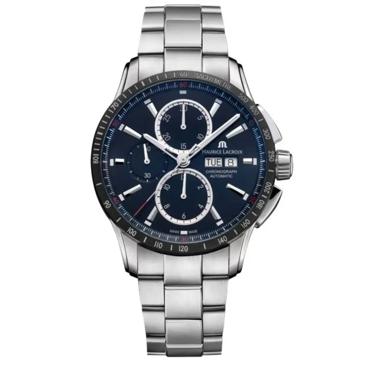 Dit is een horloge van het merk Maurice Lacroix gemaakt voor heren.
De specificaties zijn als volgt:
Kastmaat: 43 mm
Waterdichtheid: 10 ATM / 100 Meter / 330 Feet
Dit horloge heeft de volgende functies/eigenschappen:
Chronograaf
Datumaanduiding
Dagaanduiding
Tachymeter