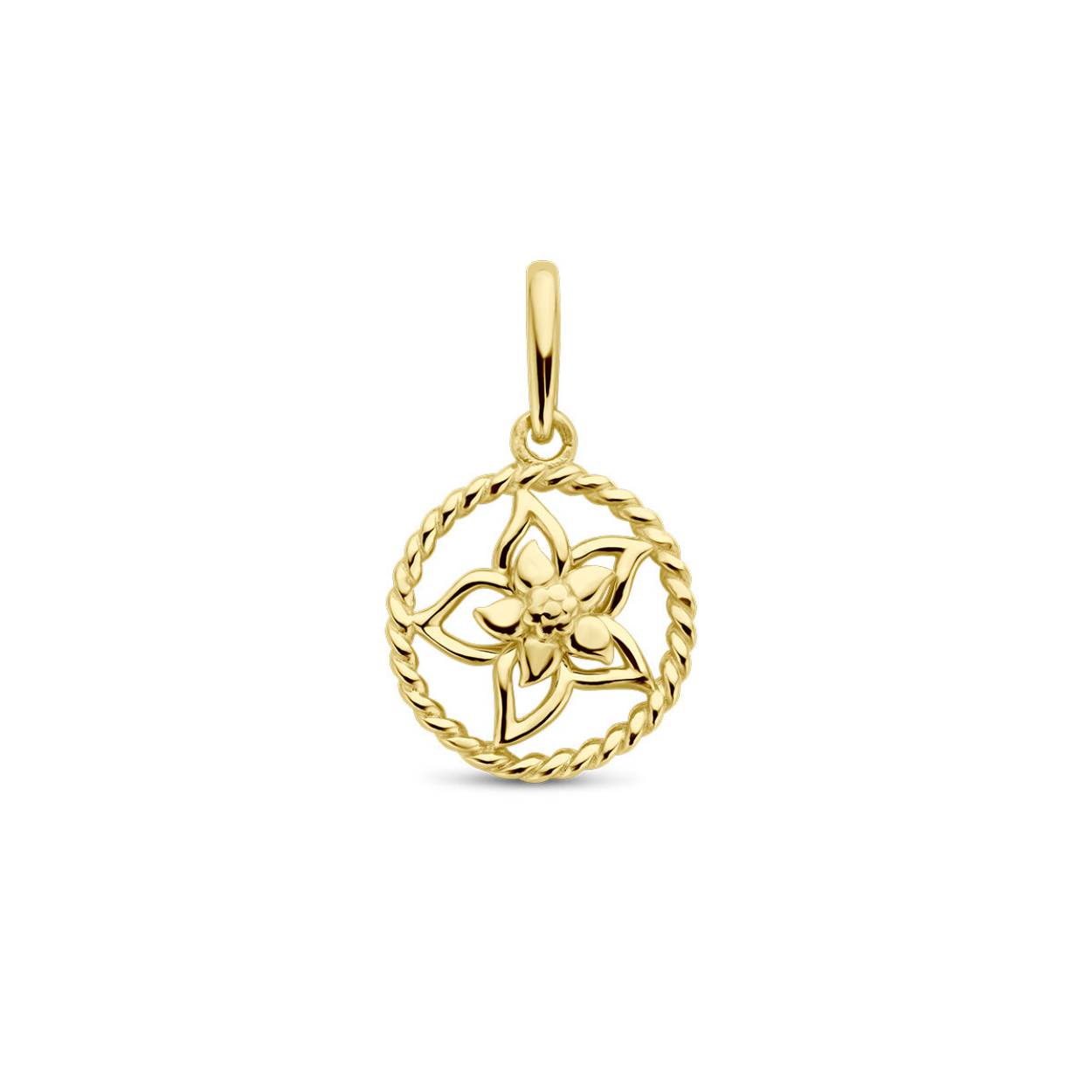 14k Geelgouden hanger met een geboortebloem. De hanger heeft een totale hoogte van 17mm. Juli, ridderspoor