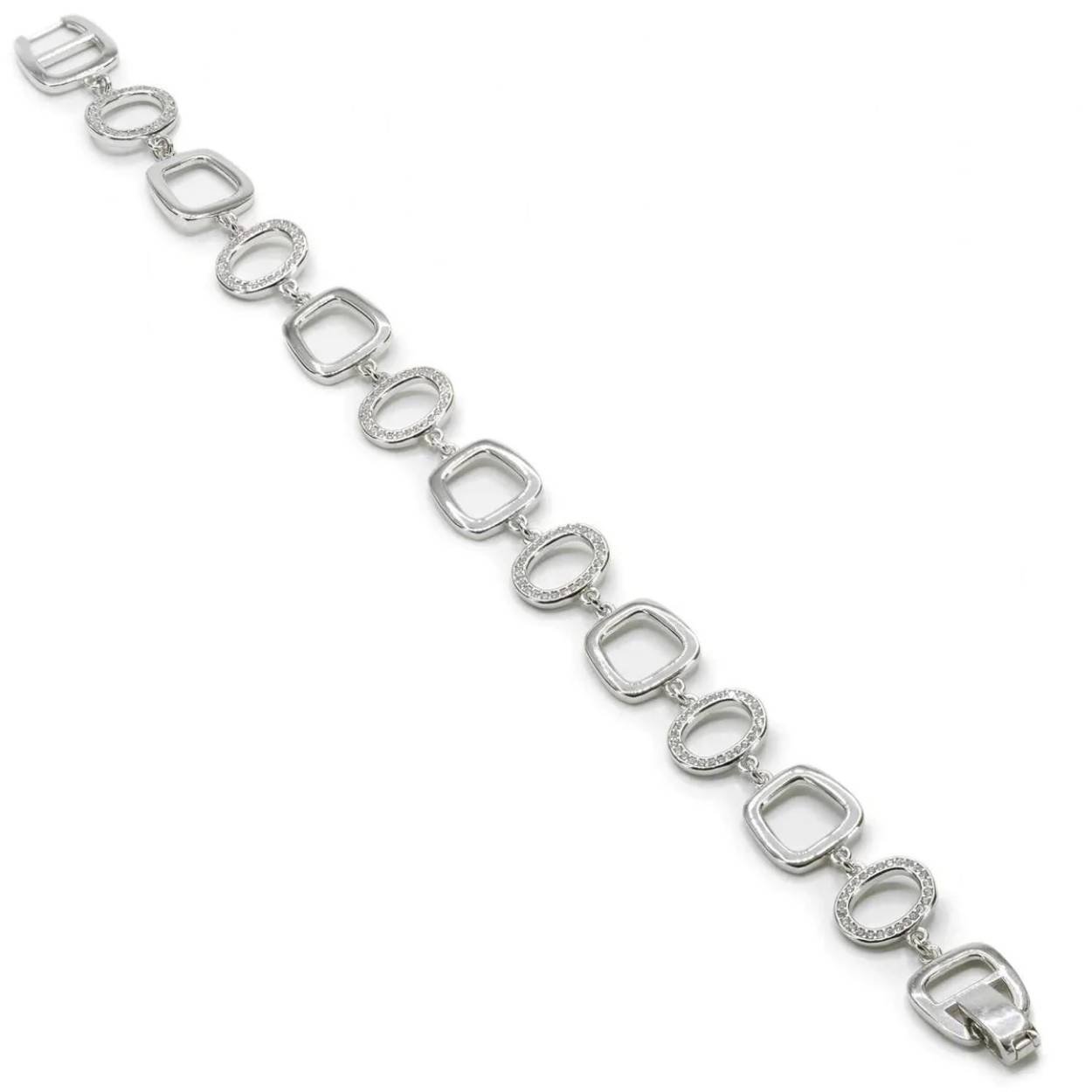 Silver link bracelet for women. A silver jewellery item that will fit in perfectly with your most daring outfits. Silver bracelet made up of multiple squares and circles linked together and covered with zircons, a perfect choice to make your look shine!