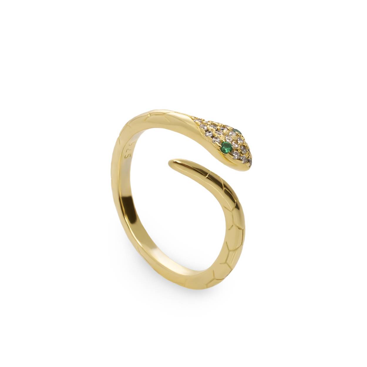 A unique jewel designed exclusively for you! Gold plated silver designer ring formed by a smooth silver body and the head set with white zirconia and two green zirconia symbolizing the eyes. Come to the LineArgent side.