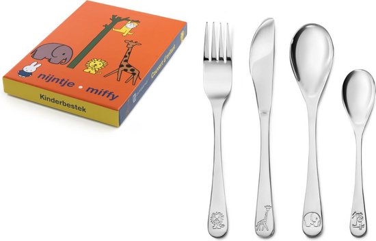 Deze 4-delige bestekset is speciaal ontwikkeld voor de film van nijntje, die zich in de dierentuin afspeelt. Op de bestekonderdelen staan dan ook de olifant, aap, giraffe en leeuw. Omdat het bestek is vervaardigd uit 18/10 RVS kan het in de vaatwasser. De bestekonderdelen kunnen worden gegraveerd.